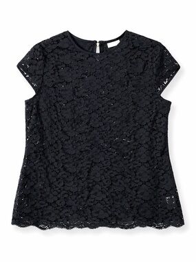 Liz Claiborne Black Lace Top Sheer Short Sleeve Blouse Size M